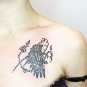 Татуировка  птицы на груди черного цвета